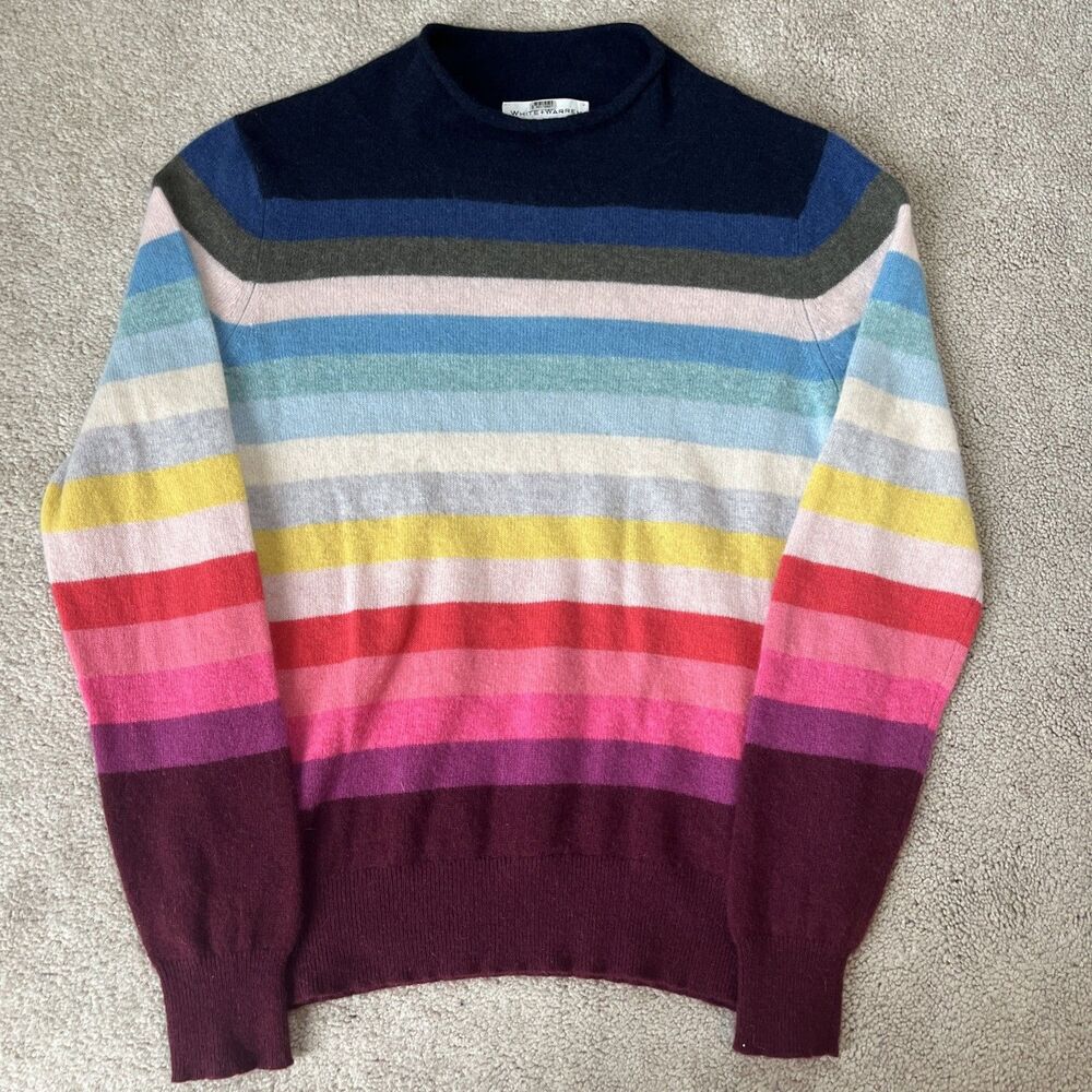 White + Warren Sweater Womens Small Rainbow 100% Cashmere Crewneck Striped Prep
